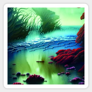 Magical Landscape Painting featuring Sea and Purple Plants, Scenery Nature Sticker